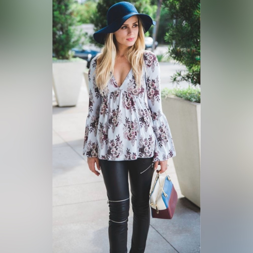 Free People Long Sleeve V Neck Floral Flowing Top